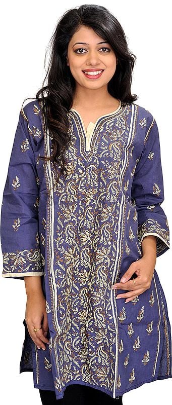 Blue-Indigo Kurti from Lucknow with Chikan Hand-Embroidered Paisleys