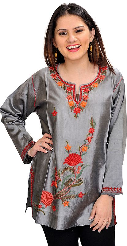Short Kurti from Kashmir with Floral Aari-Embroidery by Hand