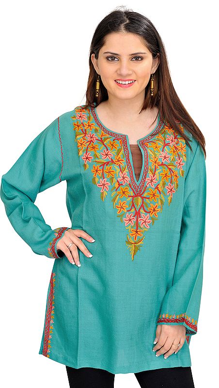 Dusty-Turquoise Kurti from Kashmir with Aari Hand-Embroidered Flowers on Neck