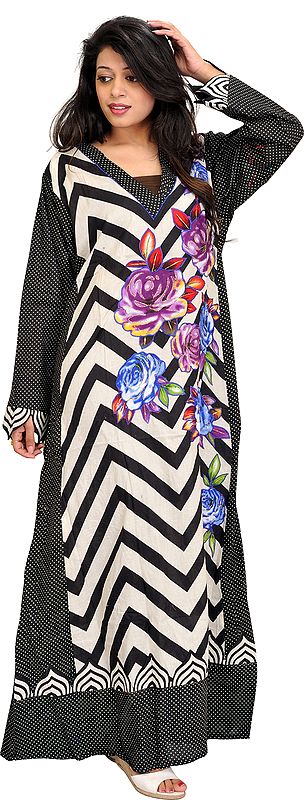Black and White Printed Kaftan with Applique Roses and Zigzag Stripes