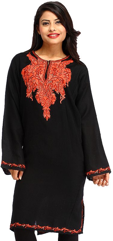 Jet-Black Phiran from Kashmir with Aari Hand-Embroidered Paisleys on Neck