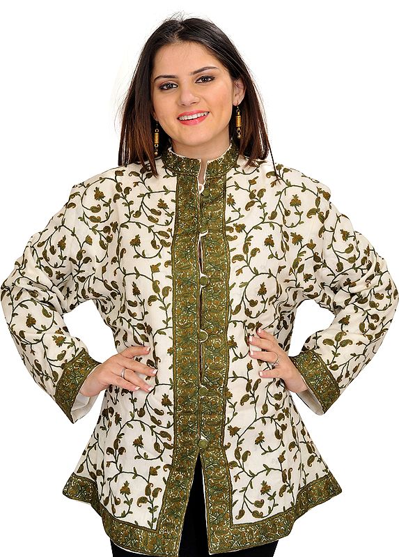 Ivory and Green Jacket from Kashmir with Aari Hand-Embroidered Paisleys All-Over
