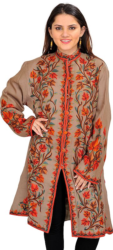 Plaza-Taupe Long Jacket from Kashmir with Aari Hand-Embroidered Maple Tree