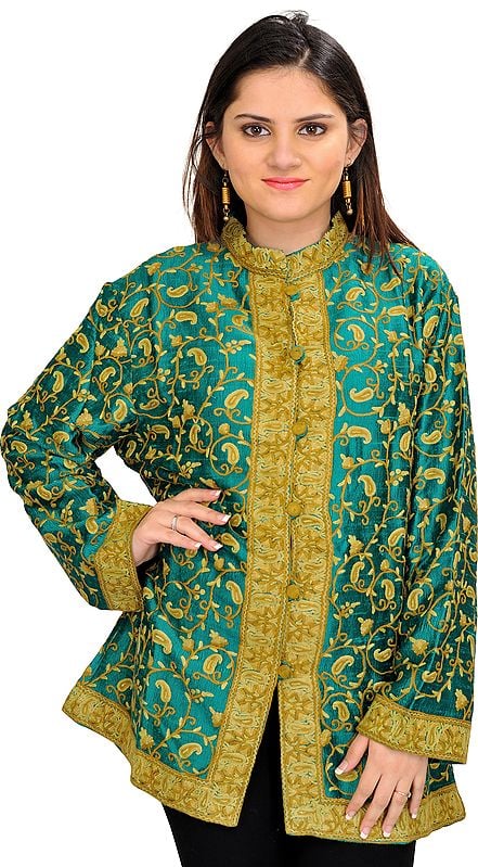 Parasailing-Green Jacket from Kashmir with Aari Hand-Embroidered Paisleys All-Over