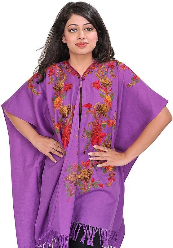 Meadow-Violet Cape from Kashmir with Aari-Embroidered Flowers by Hand