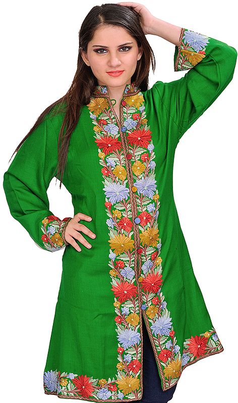 Mint-Green Long Jacket from Kashmir with Aari Hand-Embroidered Flowers on Neck