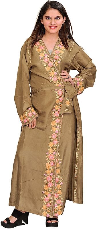 Silver-Mink Robe from Kashmir with Aari Embroidered Flowers on Border