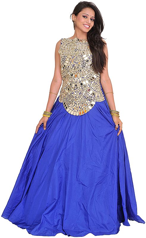 Silver and Blue Nargis Sheesha Gown with Solid Ghagra