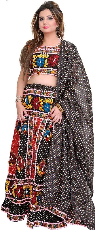 Black and Red Embroidered Lehenga Choli from Jodhpur with Sequins and Printed Polka Dots