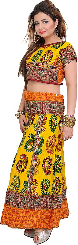 Lemon Yellow And Orange Two Piece Lehenga Choli From Kutch With Printed Paisleys And Embroidered