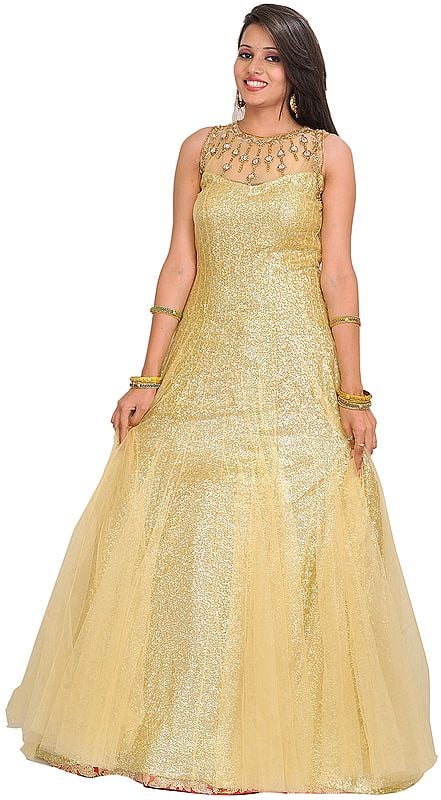Golden Wedding Embellished Gown with Sequins All-Over and Stone-work on Neck