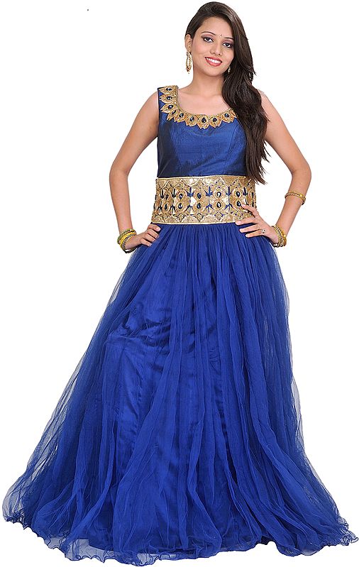 Dazzling-Blue Designer Belt-Gown with Stone-work