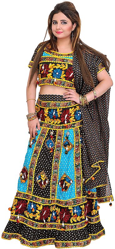 Black and Blue Lehenga Choli from Jodhpur with Embroidered Flowers and Printed Polka Dots