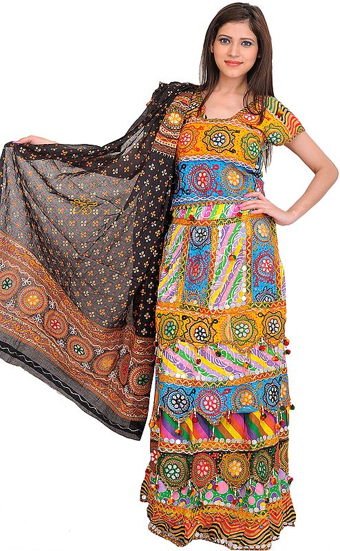Multicolor Printed Lehenga Choli from Kutch with Large Sequins and Ghungaroos