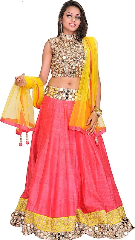 Pink and Yellow Gol Sheesha Lehanga Choli with Embroidered Mirrors