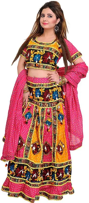 Pink and Marigold Lehenga Choli from Jodhpur with Printed Polka Dots and Embroidered Flowers