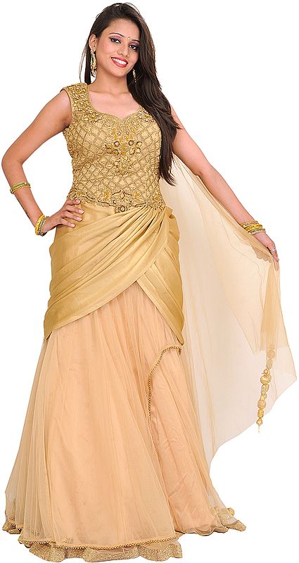 Metallic Designer Polo Gown with Stones and Embroidered Beads