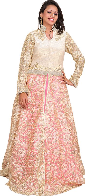 White and Pink Diamond Jacket Lehanga with Embroiderd Flowers
