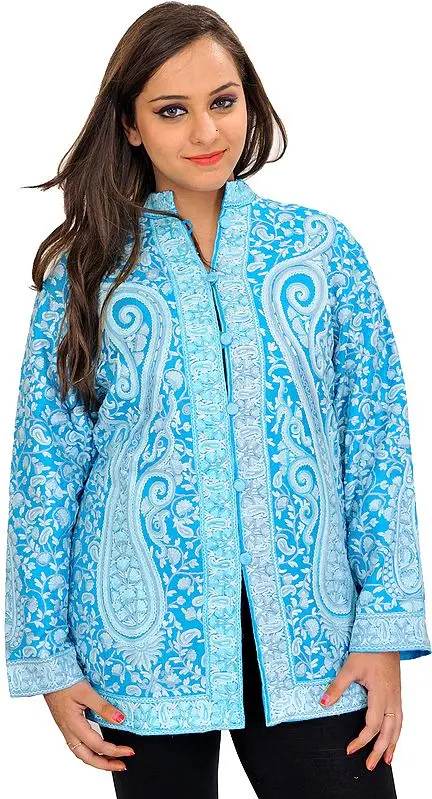 Hawaiian-Ocean Hand Embroidered Jacket from Kashmir with Giant Paisleys