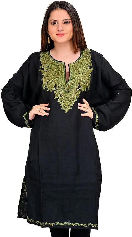 Jet-Black Phiran from Kashmir with Aari Hand-Embroidered Paisleys on Neck