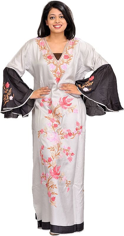 Silver and Black Butterfly Kaftan from Kashmir with Aari-Embroidered Maple Leaves