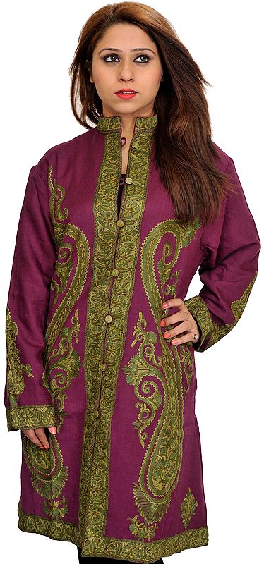 Mauve-Wine Long Jacket from Kashmir with Aari Hand-Embroidered Giant Paisleys