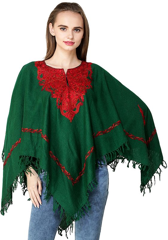 Poncho from Kashmir with Aari Hand-Embroidered Paisleys on Neck