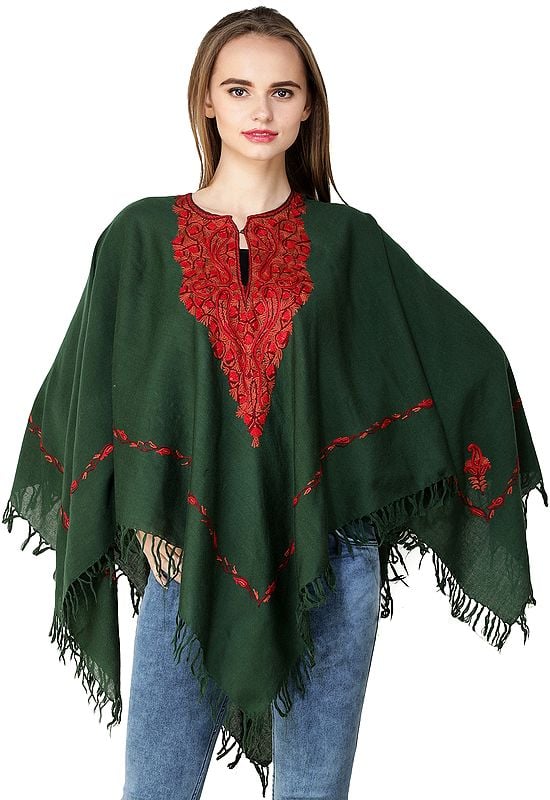 Poncho from Kashmir with Aari Hand-Embroidered Paisleys on Neck