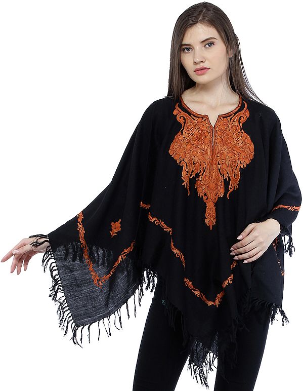 Poncho from Kashmir with Aari Hand-Embroidered Paisleys on Neck