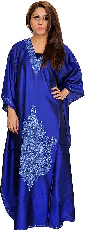 Mazarine-Blue Kaftan from Kashmir with Aari Hand-Embroidered Paisleys