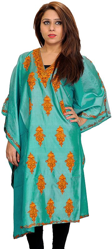 Agate-Green Kaftan from Kashmir with Aari Hand-Embroidered Paisleys
