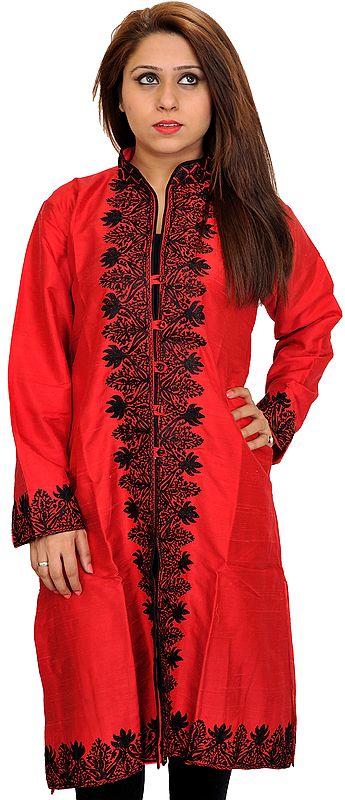 Lollipop-Red Long Jacket from Kashmir with Aari-Embroidery in Black Thread