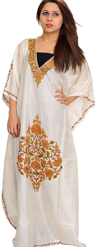 Ivory Kaftan from Kashmir with Aari Hand-Embroidered Flowers