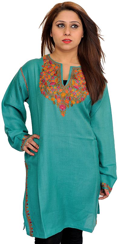 Canton-Green Phiran from Kashmir with Floral Hand-Embroidery on Neck