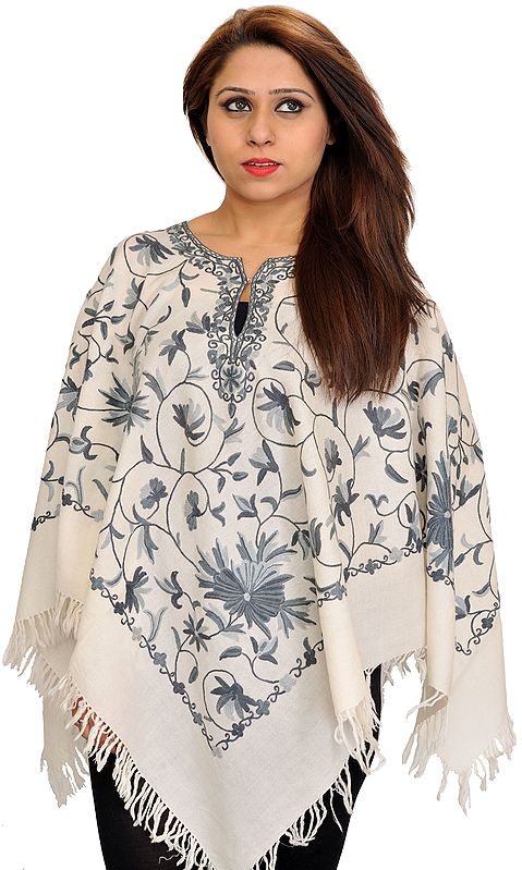Off-White and Gray Aari Hand-Embroidered Poncho from Kashmir