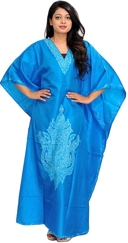 Blue-Danube Kaftan from Kashmir with Aari Hand-Embroidered Paisleys in Self Colored Thread