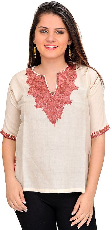 Ivory Short Kurti from Kashmir with Aari Hand-Embroidered Paisleys on Neck