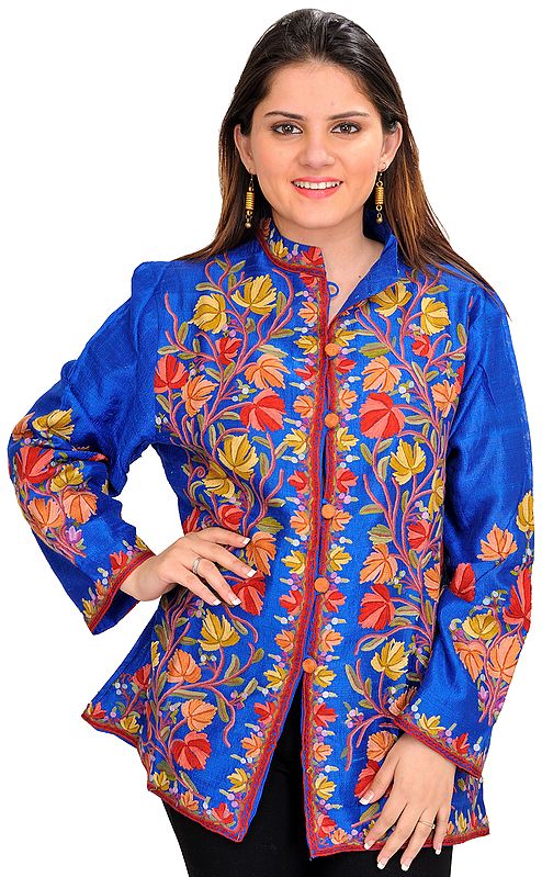 Imperial-Blue Jacket from Kashmir with Aari Hand-Embroidered Chinar Leaves