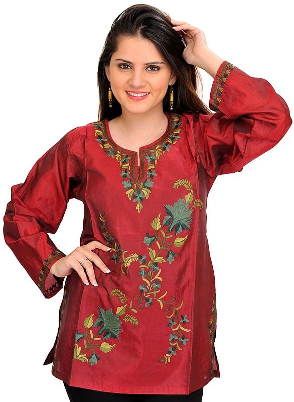 Garnet-Red Kurti from Kashmir with Aari-Embroidery by Hand