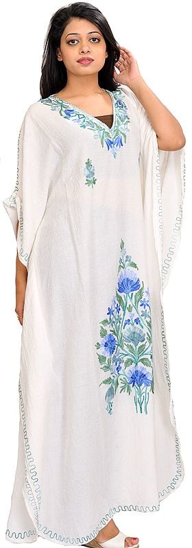 Snow-White Aari Embroidered Kaftan from Kashmir