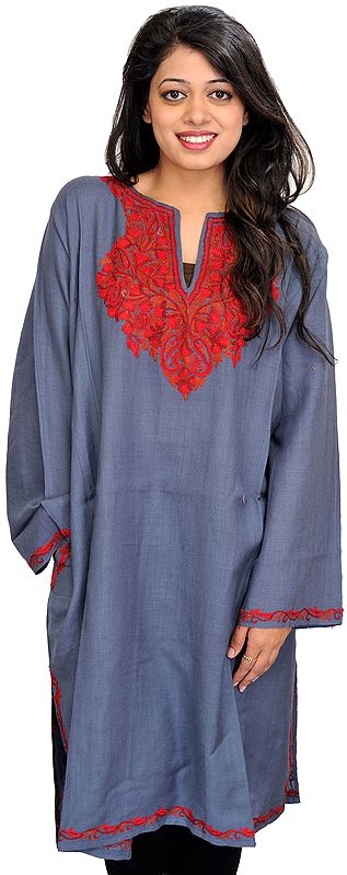 Gray and Red Phiran from Kashmir with Aari Hand-Embroidery on Neck