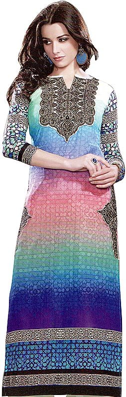 Blue Digital-Printed Long Kurti with Embroidered Patches