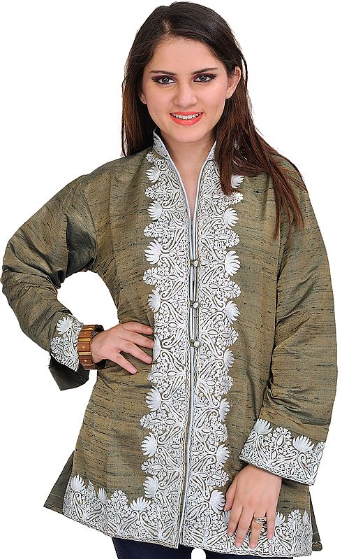 Burnt-Olive Jacket from Kashmir with Aari-Embroidered Paisleys on Border