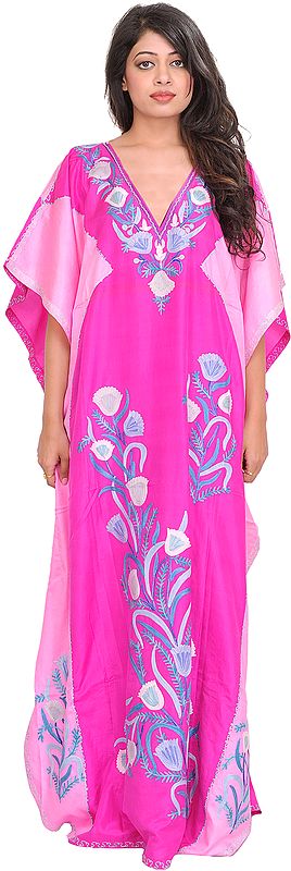 Raspberry-Rose and Pink Kaftan from Kashmir with Aari-Embroidered Flowers