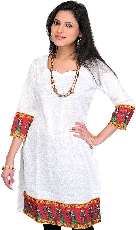 White Chikan-Embroidered Kurti with Digital Printed Patch Border