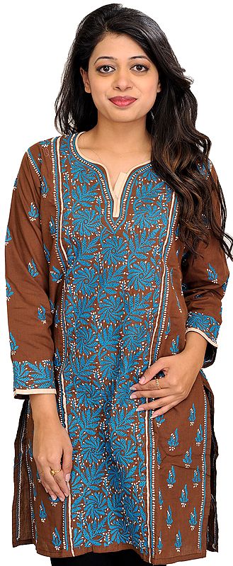 Acorn-Brown Chikan Hand-Embroidered Kurti from Lucknow with Bootis