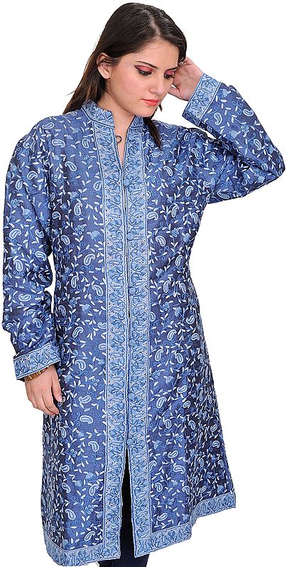 Moonlight-Blue Jacket from Kashmir with Aari Hand-Embroidered Paisleys All-Over
