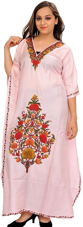 Strawberry-Cream Kaftan from Kashmir with Aari-Floral Embroidery by Hand
