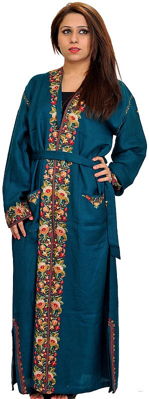 Deep-Lake Robe from Kashmir with Floral Hand-Embroidery on Border