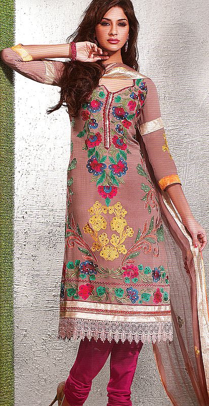 Stucco-Brown Choodidaar Suit with Crewel Embroidered Flowers, Beads and Crochet Border